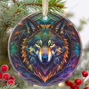 New Ceramic Stained Glass Look Double Sided Wolf Ornament with Hanging Ribbon